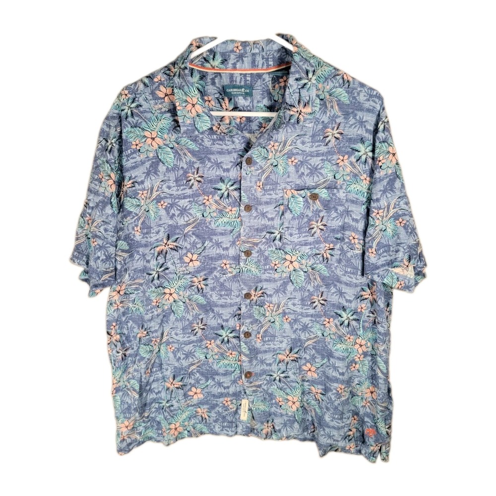 Caribbean Joe Hawaiian Shirt Mens XL Blue 100% Rayon Floral Palm Camp Aloha